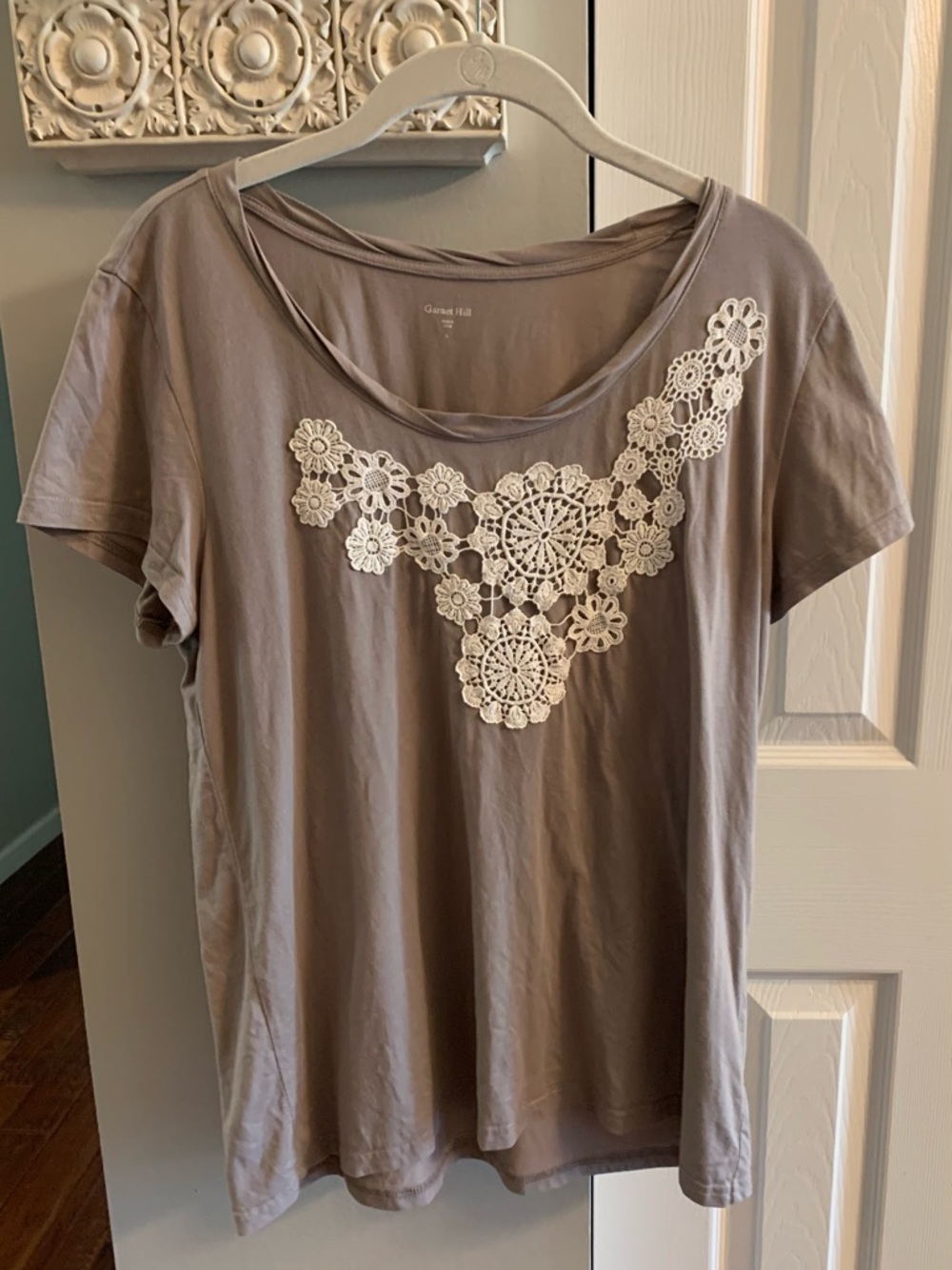 Garnet Hill Taupe Short-Sleeve Tee with Cream Crochet Yoke - L
